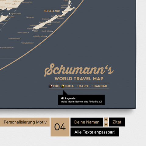 Leinwand einer Weltkarte in der Equal-Earth-Projektion in Hale Navy mit Personalisierung als Logo mit Familiennamen und Legende
