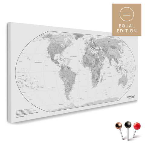 Weltkarte in der Equal-Earth-Projektion und in der Farbe Multicolor Gray als hochwertige Pinn-Leinwand, ideal geeignet zum Markieren von Orten und Planen von Reisen