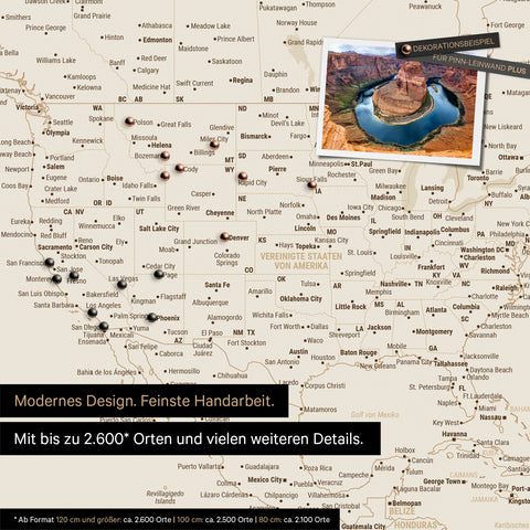 Detailed view of the FINELINE world map as a pinboard in bronze color with marked travel destinations in the USA, Canada, and Mexico