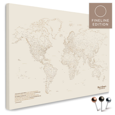World map FINELINE as a pinboard canvas in bronze with a delicate, minimalist outline design for marking and planning trips