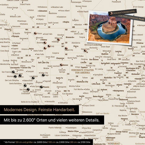 Detailed view of the FINELINE world map as a pinboard in Desert Sand color with marked travel destinations in the USA, Canada, and Mexico