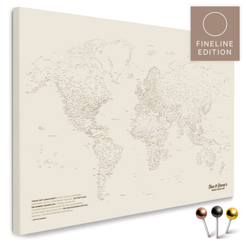 World map FINELINE as a pinboard canvas in Desert Sand with a delicate, minimalist outline design for marking and planning trips