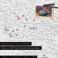 Detailed view of the FINELINE world map as a pinboard in Coolgray color with marked travel destinations in the USA, Canada, and Mexico
