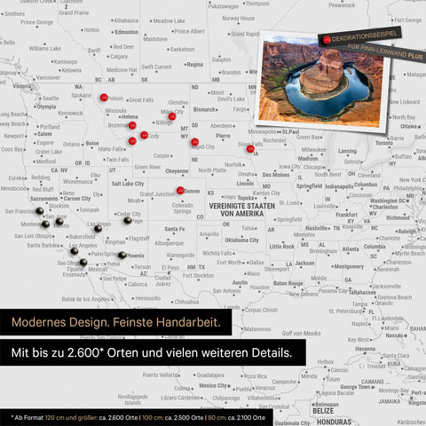 Detailed view of the FINELINE world map as a pinboard in Coolgray color with marked travel destinations in the USA, Canada, and Mexico