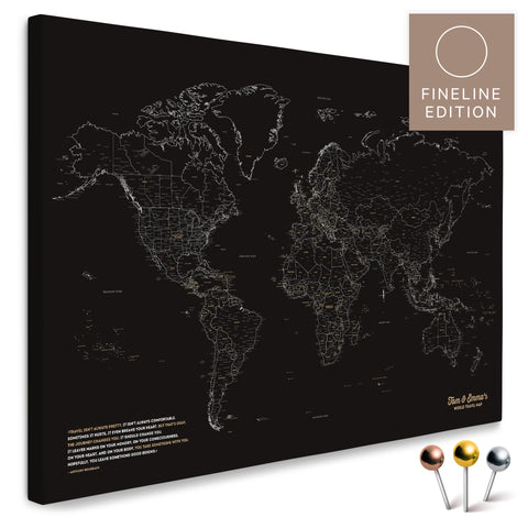 World map FINELINE as a pinboard canvas in black and white with a delicate, minimalist outline design for marking and planning trips