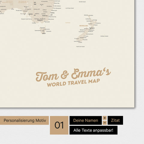 Personalisierte Weltkarte in Farbe Gold mit deinem Namen eingedruckt