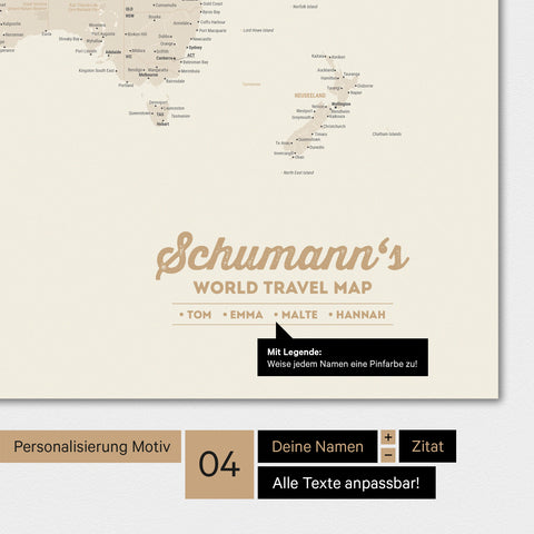 Weltkarte in Farbe Gold mit Personalisierung als Familien-Logo