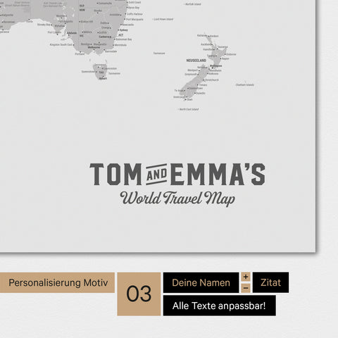 Weltkarte in Farbe Hellgrau mit einem Vintage-Logo als moderne Personalisierung