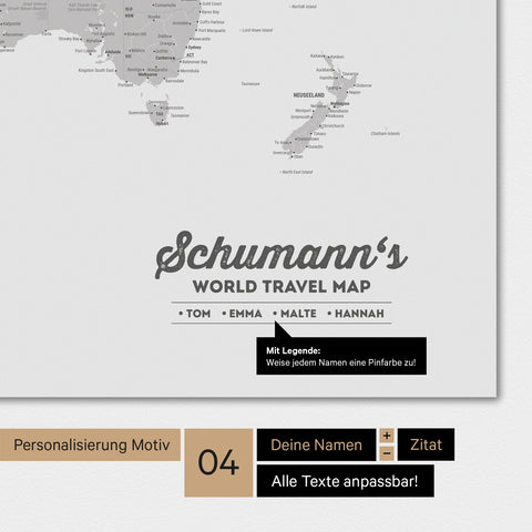 Weltkarte in Farbe Hellgrau mit Personalisierung als Familien-Logo