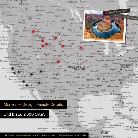 Detailreiche Weltkarte als Pinnwand in Hellgrau zur Markierung von bis zu 2.600 Reisezielen in den USA, Kanada und Mexiko, Ideal für die visuelle Darstellung vergangener Reisen und zukünftiger Reisepläne