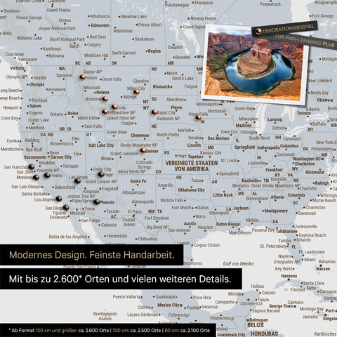 Detailed world map as a pinboard in Multicolor Light for marking up to 2,600 travel destinations in the USA, Canada, and Mexico, ideal for visually displaying past trips and future travel plans