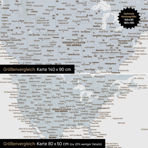 Size comparison of a world map canvas in the formats 140 x 90 cm and 80 x 50 cm