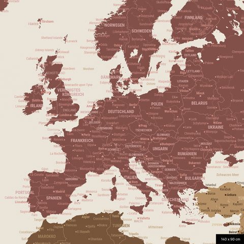A detailed section of a multicolor matte world map pinboard shows a section of Europe with all countries and capitals.