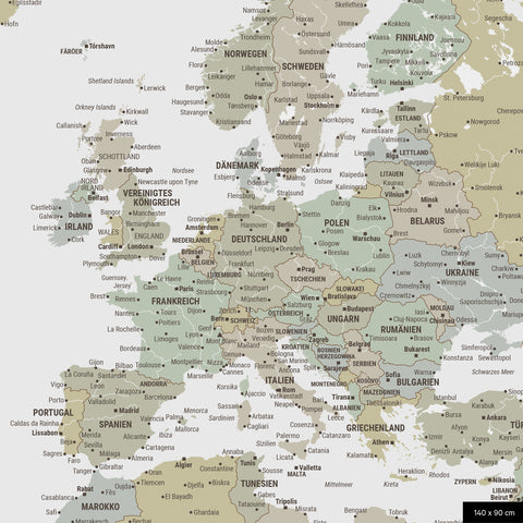 A detailed section of a multicolor sage world map pinboard shows a section of Europe with all countries and capitals.