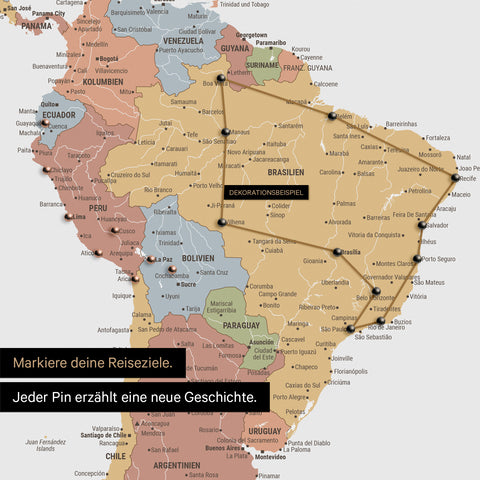 Detail of a world map as a Push Pin Map in Multicolor Sienna with pins showing a marked travel route in South America through the countries Brazil, Peru, and Ecuador