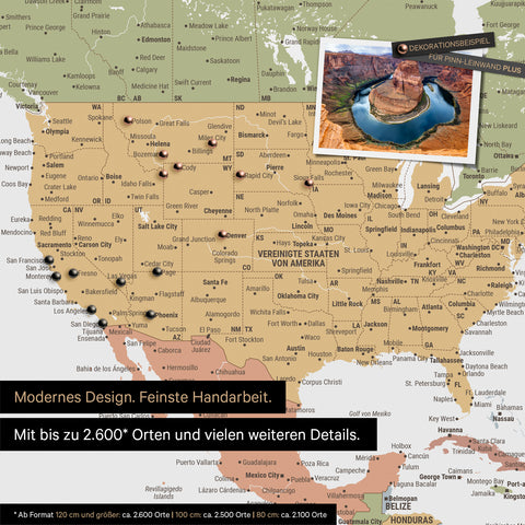 Detailed world map as a pinboard in multicolor sienna for marking up to 2,600 travel destinations in the USA, Canada, and Mexico, ideal for visually displaying past trips and future travel plans