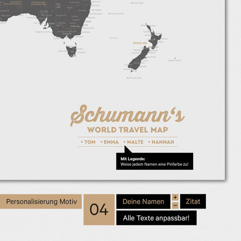 Weltkarte in Farbe Light Gray mit Personalisierung als Familien-Logo