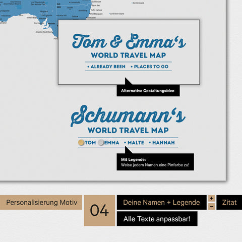 Magnetboard Weltkarte in Multicolor Blau mit Personalisierung als Logo mit Familiennamen