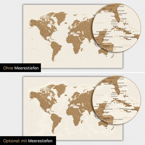 Weltkarte-Magnetboard in Bronze mit zweidimensionalen Meerestiefen