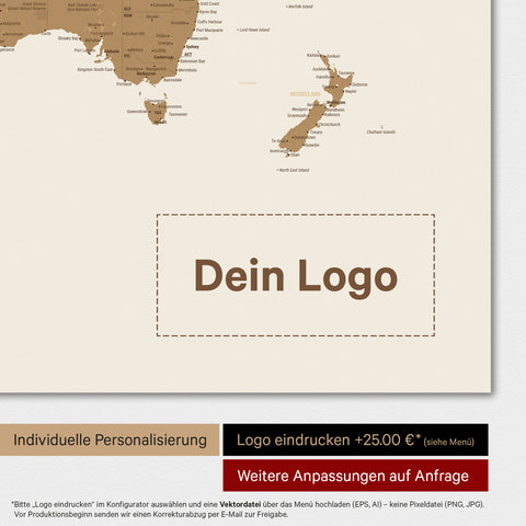 Weltkarte als Magnettafel in Bronze mit Eindruck eines Firmenlogos