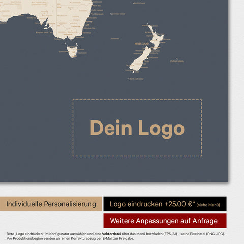 Weltkarte als Magnettafel in Hale Navy (Dunkelblau-Gold) mit Eindruck eines Firmenlogos