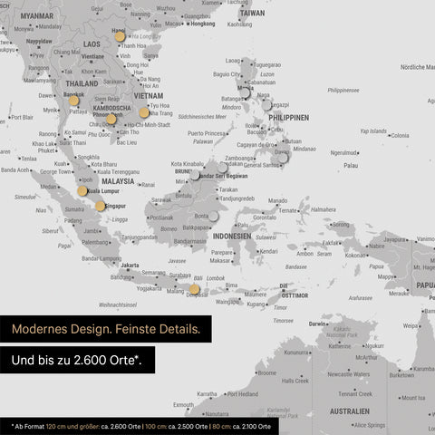 Ausschnitt einer magnetischen Weltkarte in Hellgrau zeigt Karte von Asien, auf der Magnete Reiseziele markieren