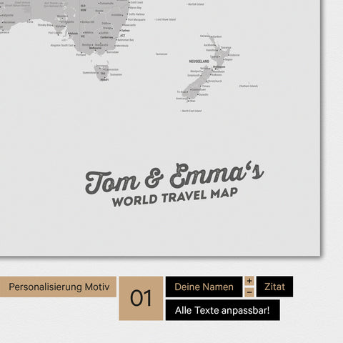 Magnetische Weltkarte als Magnetboard in Hellgrau mit Personalisierung und eigedruckten Namen