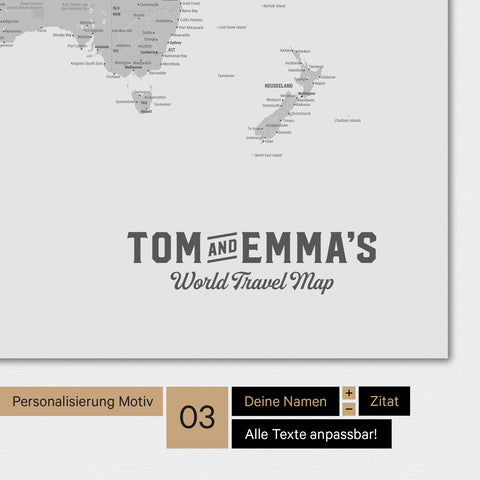 Magnetboard Weltkarte in Hellgrau mit Personalisierung als Logo mit Familiennamen