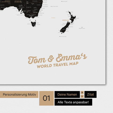Magnetische Weltkarte als Magnetboard in Weiß-Schwarz mit Personalisierung und eigedruckten Namen