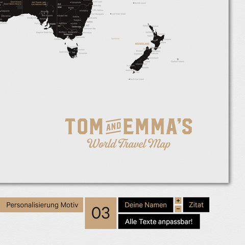 Magnetboard Weltkarte in Weiß-Schwarz mit Personalisierung als Logo mit Familiennamen