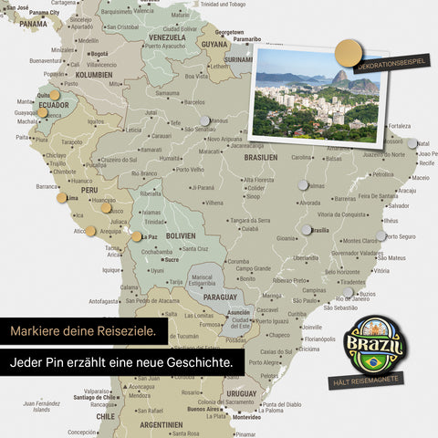 Detail of a magnetic world map as a magnetic board in multicolor sage showing South America with a pinned photo as well as travel and vacation magnets