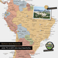 Detail of a magnetic world map as a magnetic board in multicolor sienna showing South America with a pinned photo as well as travel and vacation magnets