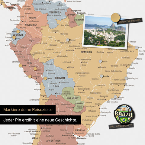 Detail of a magnetic world map as a magnetic board in multicolor sienna showing South America with a pinned photo as well as travel and vacation magnets