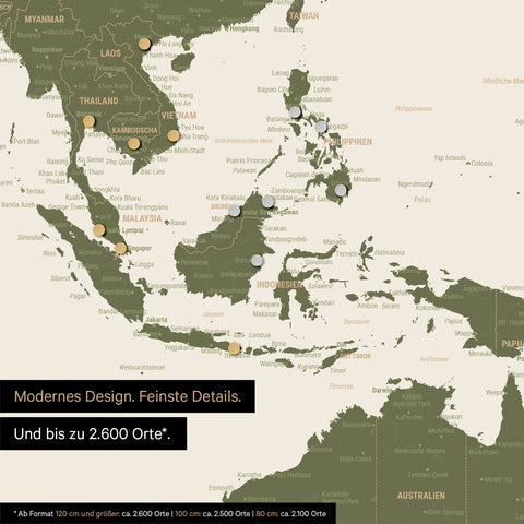 Ausschnitt einer magnetischen Weltkarte in Olive Green zeigt Karte von Asien, auf der Magnete Reiseziele markieren