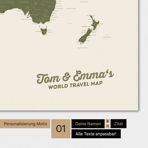Magnetische Weltkarte als Magnetboard in Oliv-Grün mit Personalisierung und eigedruckten Namen