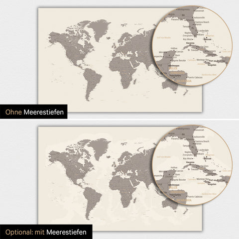 Weltkarte-Magnetboard in Warmgray (Braun-Grau) mit zweidimensionalen Meerestiefen