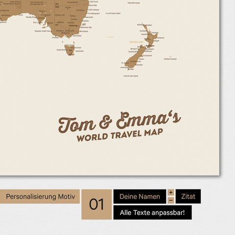 Personalisierte Weltkarte als Magnetposter in Bronze mit deinem Namen eingedruckt