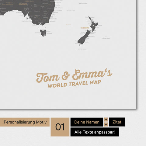 Personalisierte Weltkarte als Magnetposter in Light Gray mit deinem Namen eingedruckt