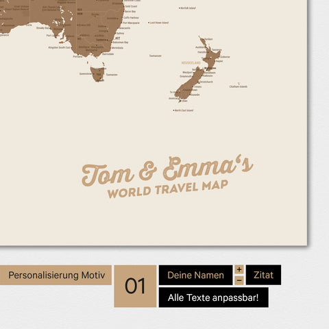 Personalisierte Weltkarte als Magnetposter in Multicolor Braun mit deinem Namen eingedruckt