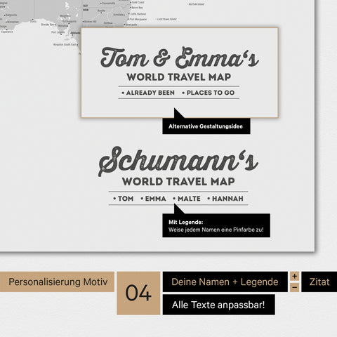 Magnetische Weltkarte in Multicolor Grau mit Personalisierung als Logo mit Familiennamen