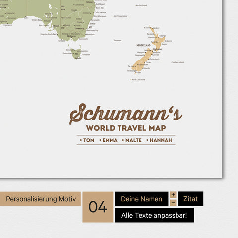 Magnetische Weltkarte in Multicolor Sienna mit Personalisierung als Logo mit Familiennamen