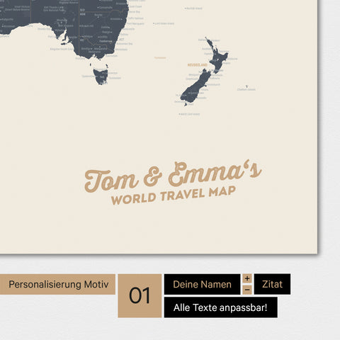 Personalisierte Weltkarte als Magnetposter in Navy Light mit deinem Namen eingedruckt