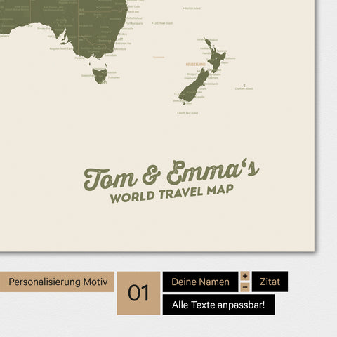 Personalisierte Weltkarte als Magnetposter in Olive Green mit deinem Namen eingedruckt