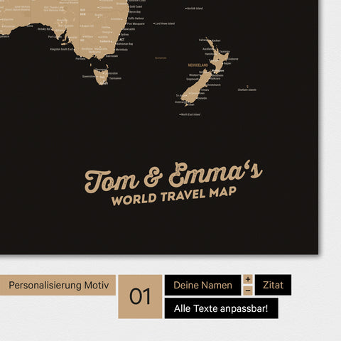 Personalisierte Weltkarte als Magnetposter in Sonar Black (Schwarz-Gold) mit deinem Namen eingedruckt
