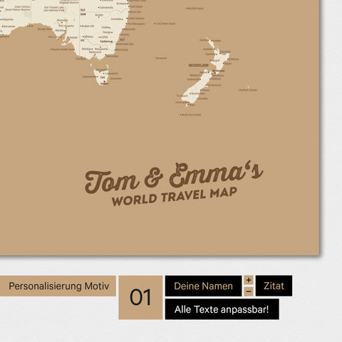 Personalisierte Weltkarte als Magnetposter in Treasure Gold mit deinem Namen eingedruckt