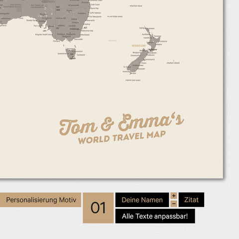 Personalisierte Weltkarte als Magnetposter in Warmgray (Braun-Grau) mit deinem Namen eingedruckt
