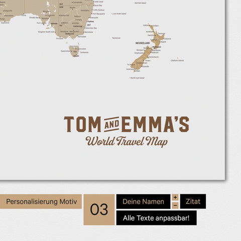 Weltkarte in Farbe Multicolor Beige mit einem Vintage-Logo als moderne Personalisierung