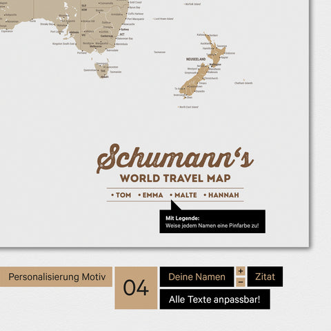 Weltkarte in Farbe Multicolor Beige mit Personalisierung als Familien-Logo