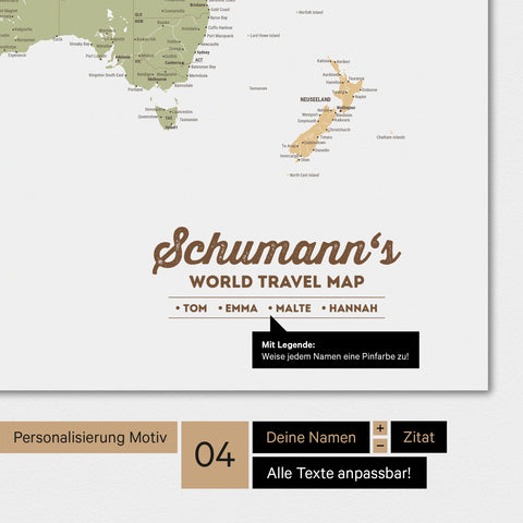 Weltkarte in Farbe Multicolor Sienna mit Personalisierung als Familien-Logo