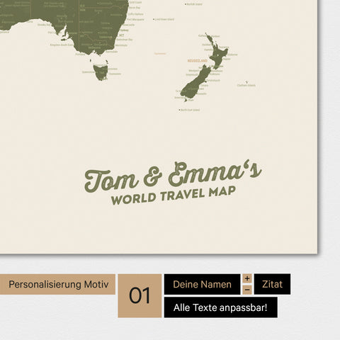 Personalisierte Weltkarte in Farbe Olive Green mit deinem Namen eingedruckt